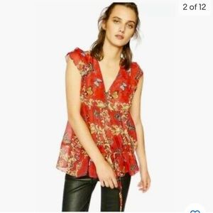 The Kooples Butterfly Floral Short Sleeve Red Blouse in Size Small. 100% silk